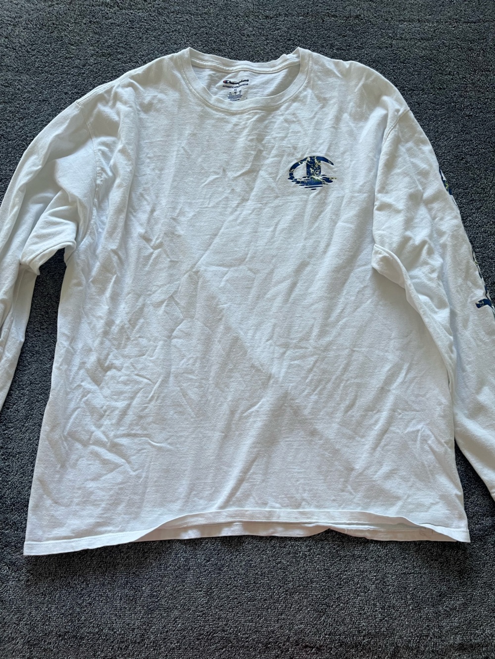 Champion White Long Sleeve Tee with Navy Logo Accents